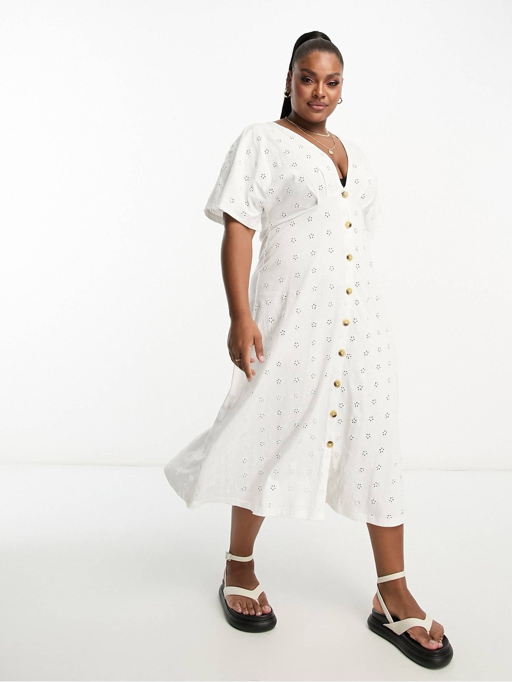 ASOS White Cotton Eyelet Button-Front Midi Dress Classic Summer Style US size 8